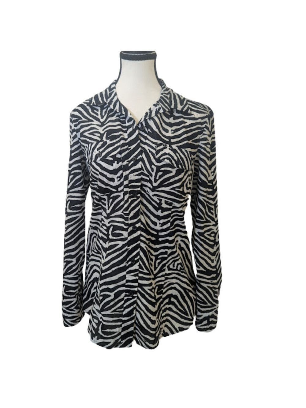 Michael Kors Zebra Print Button Front Blouse | Roll Tab Sleeves Chic Classic | 6